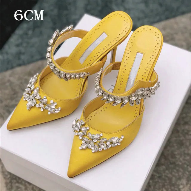 Soufree  -  Luxury Satin Slippers Pointed Toe Heels Women's Slippers Outside Party Shoes Elegant Summer Slip On Sandals