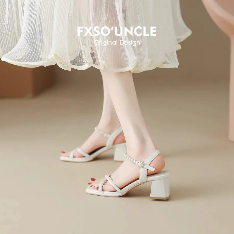 Soufree  -  Sweet Sandals Women Square Mid Heels Platform Shoes Woman Solid Open Toe String Bead Buckle Strap Summer Shoes Zapatos De Mujer