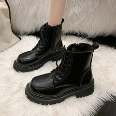 Soufree  - Autumn Winter Platform Ankle Boots Women Thick Sole Pu Leather Biker Boots Woman Short Plush Lace-Up Shoes Female