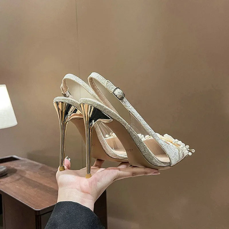 Soufree  -  French Bride Gold Wedding Shoes Thin Heel Pointed Shallow Mouth Flower Rhinodrill High Heels Bao Head Fashion Women Sandals