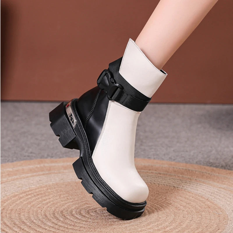 Soufree  -  New Designer Boots Women Chunky Heel Square Toed Ankle Boots Women Mid-calf High PU Leather Zipper Belt Buckle Platform Botas