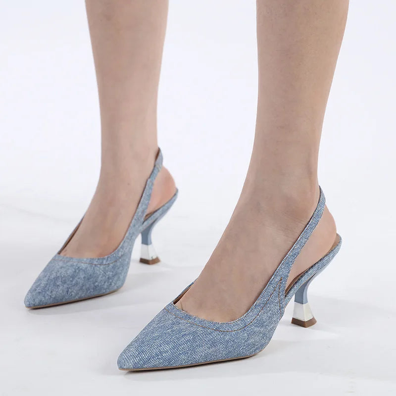 Soufree  -  Fall New Jeans High Heels Blue Pointed Pumps Brand Designer Shoes Office Elegant Women's Shoes Shallow Mule Shoes Women Heels