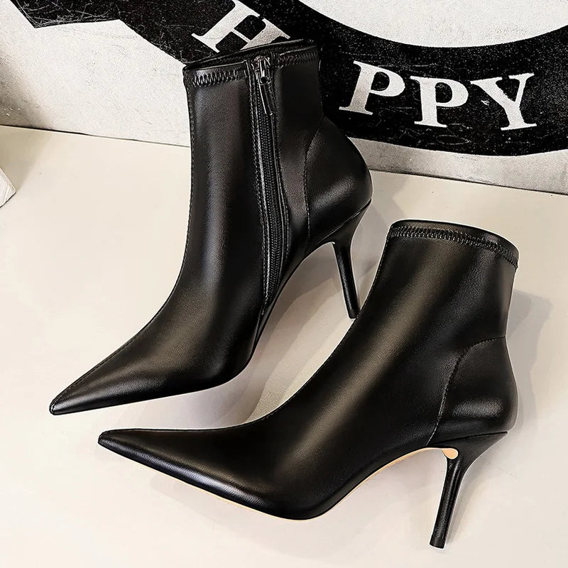 Soufree  -  Shoes Leather Boots Women High-Heeled Boots Keep Warm Winter Boots Pointed Toe Stiletto High Heels Women Ankle Boots