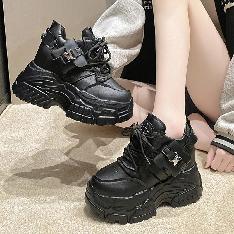 Soufree  -  Spring Women Chunky Sneakers Lace Up Increase Height Shoes Woman Harajuku Style Pocket Platform Trainers Female