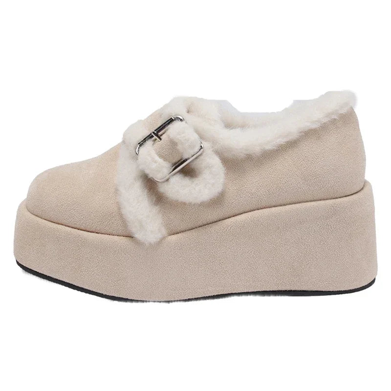 Soufree  -  Winter Warm Cotton Women Mary Jane Shoes Fashion Belt Buckle Shoes Concise Platform Heel Shoes