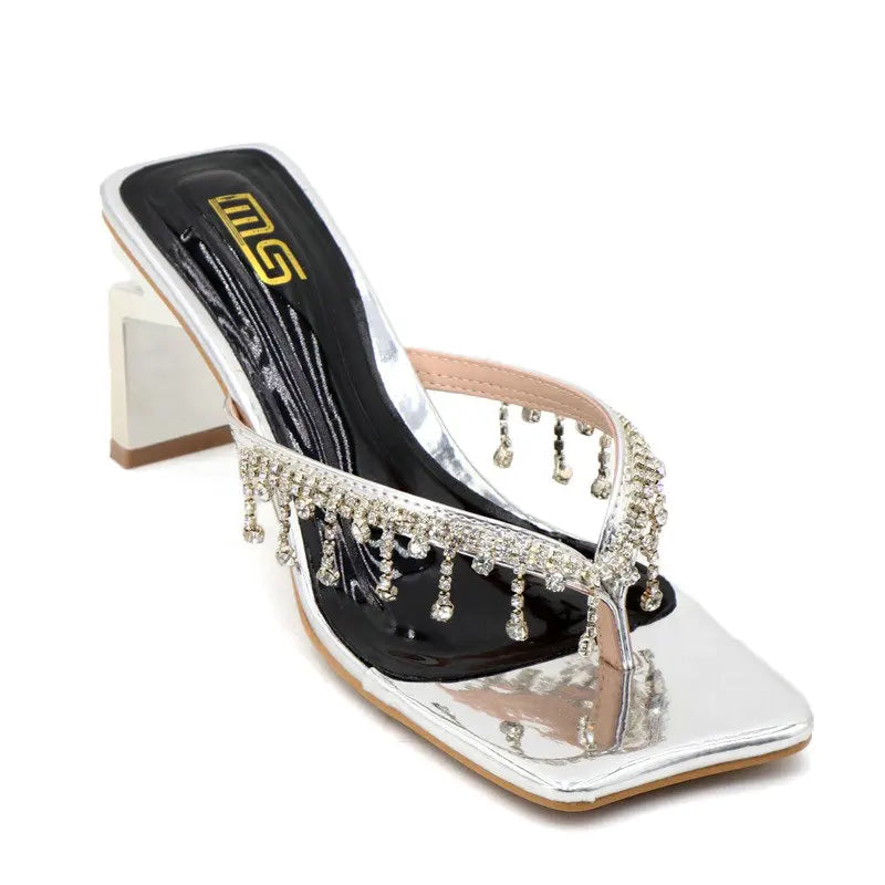 Soufree  -  Women's Flip Flops Summer Fashion Square Head Rhinestone High Heels Wear Sandals Women Fashion Chunky Heels