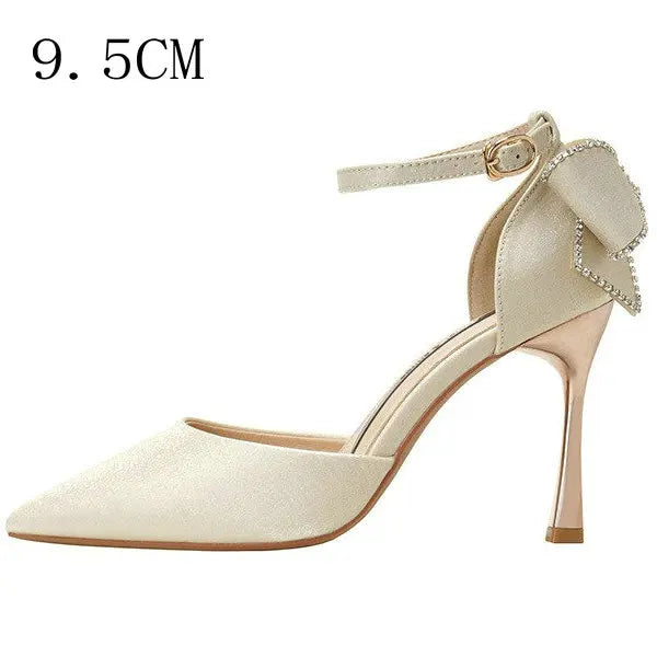 Soufree  - Star style Women Satin Pumps Fashion Rhinestones Stiletto High heels Party Shoes Summer Butterfly-knot Wedding Shoes