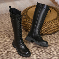 Soufree  -  Lace Up Knee-high Boots Women Pu Zip British Wind Fashion Women Long Boots Chunky Black Motorcycle Rider Boots Botines Mujer