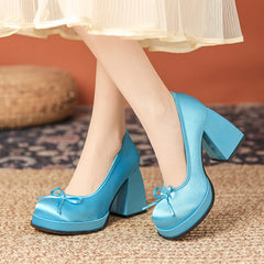 Soufree  -  prom shoes Satin Brand Designer Mary Jane Shoes Women Square Heel Ballet Shoes Shallow Bow Fashion Dress Elegant Platform High Heels Women