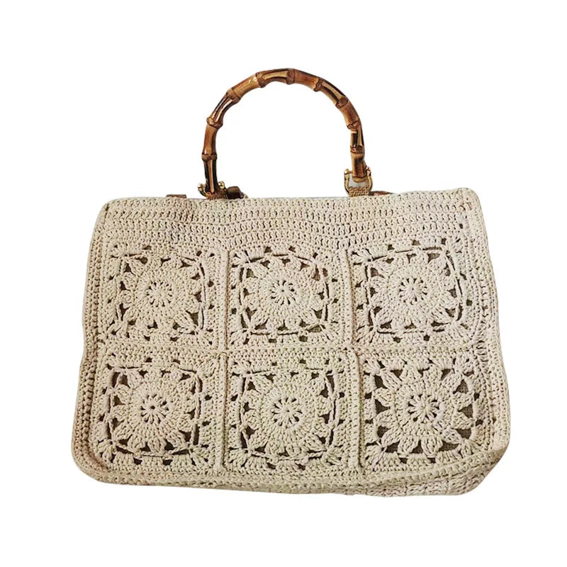 Soufree  -  Women's Tote Bag Female Shoulder Large Capacity Designer Handbags cotton Knitting flower Shopping Handle Women Shopper Bags