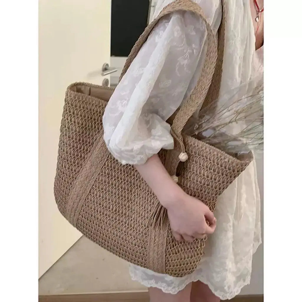 Soufree  -  Straw Woven Shoulder Bags for Women Summer Beach Handbag with Tassel Female Fashion Handbag in Khaki Beige