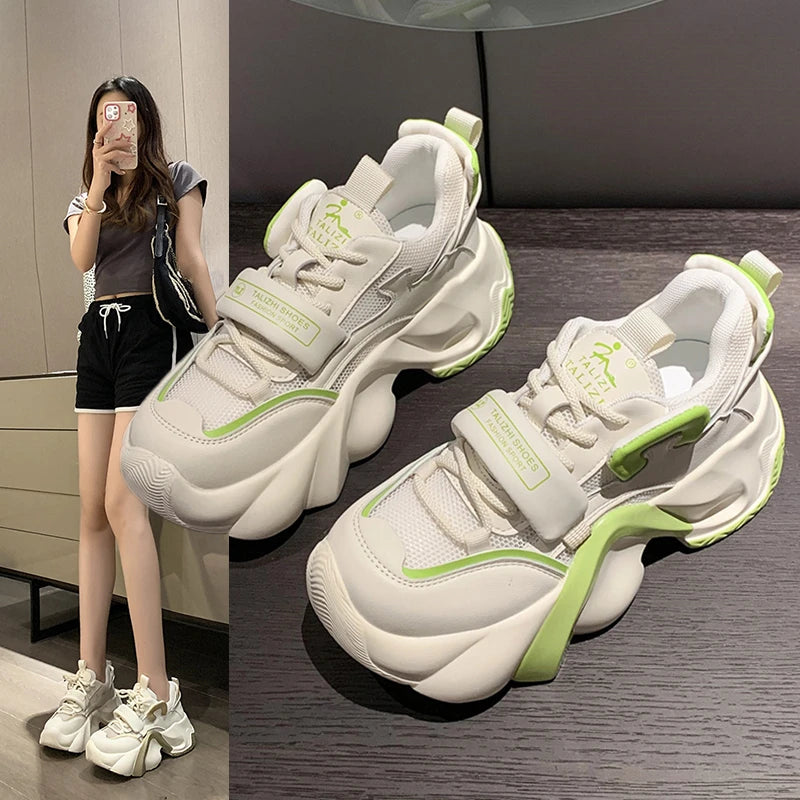 Soufree  -  Chunky Sneakers Flats Lace Up High Heels Round Toe Women Shoes Breathable Mesh Thick Sole Platform Vulcanize Shoes Plus Size