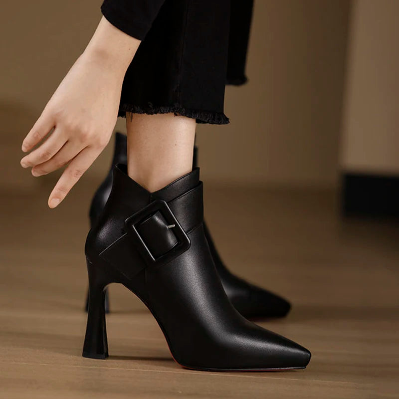 Soufree  -  Women's Elegant High Heels Ankle Boots Spring Belt Buckle Pu Leather Short Boots Woman Plus Size 43 Thin Heeled Party Shoes