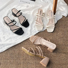 Soufree  -  Women Sandals Ladies Square Heels Elegant Summer Slippers Outside Cross Tied Leather Female Slides Fashion Woman Sandals