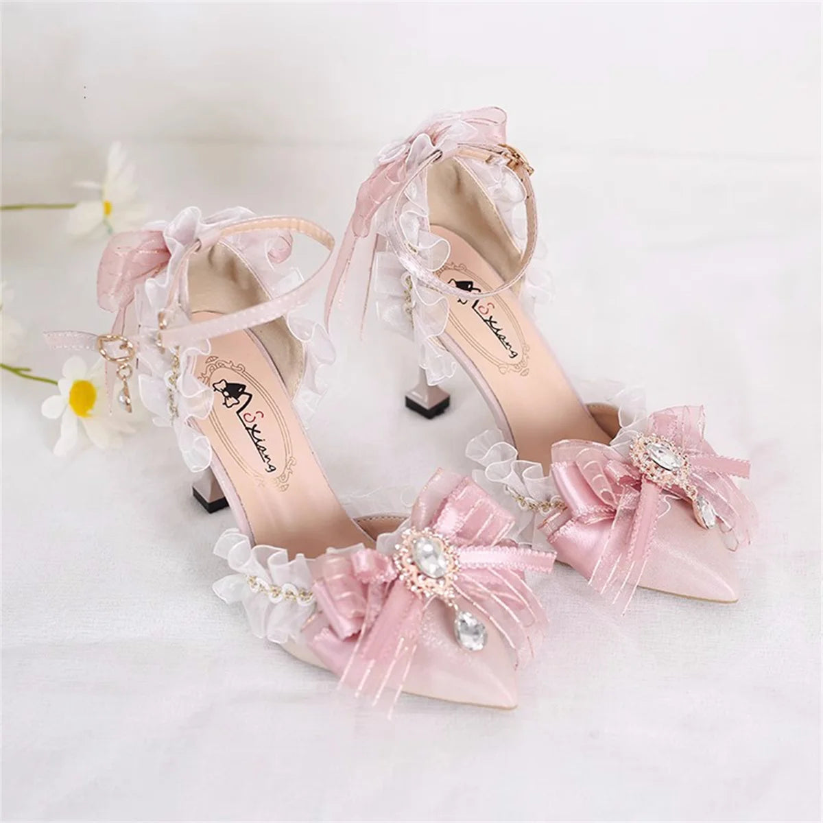 Soufree  -  Victoria Vintage Girl Shoes Elegant Gentle Solid Pointed Sandals Lace Ruffle Cameo Ribbon Bowknot Prom 5-8cm High Heel Shoes