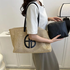 Soufree  -  Straw Hollow Out Knitting Tote Bag Large Capacity Handmade Shoulder Handbag Women Designer Casual Beach Bag Ethnic Style