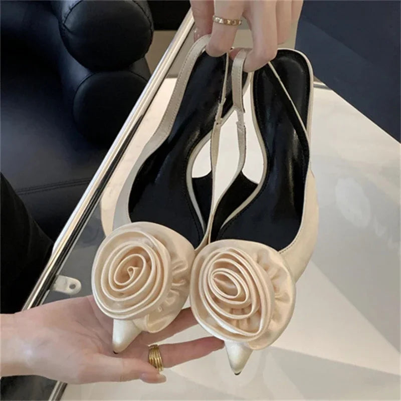 Soufree  -  Sweet Silk Slingback Pointed Toe Women Pumps Summer Fashion Flowers Design Sandals for Women Luxury Thin High Heels Party Shoes