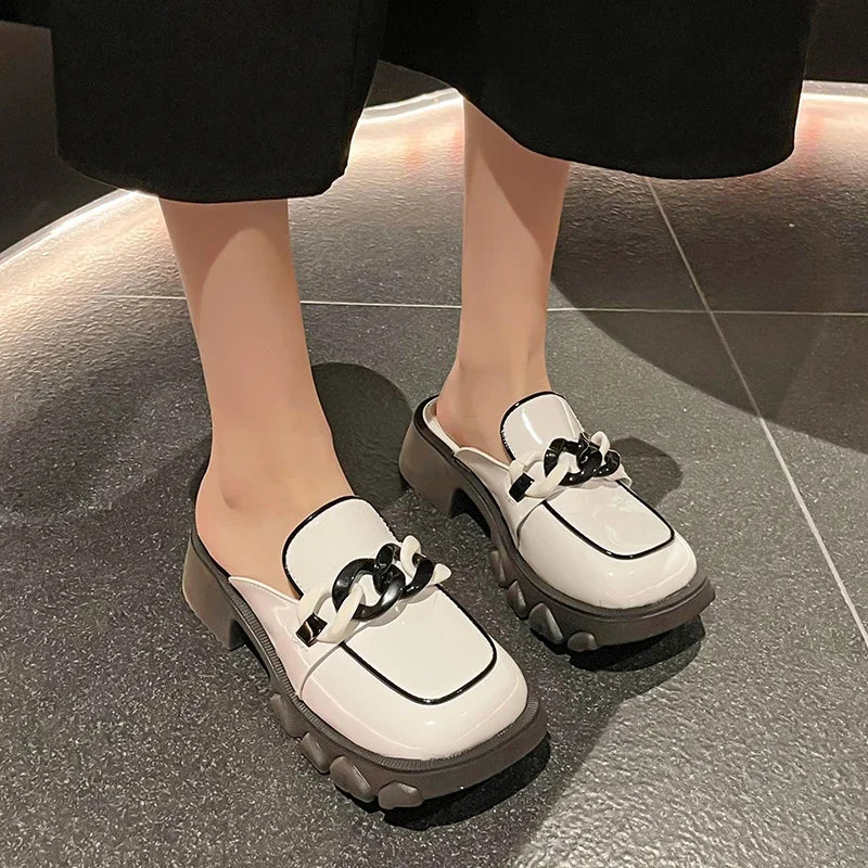 Soufree  - Med Square Toe Shoes Woman's Slippers Slides Loafers Female Mule Platform Mules Cover Flat Rome Rubber Retro Basic PU