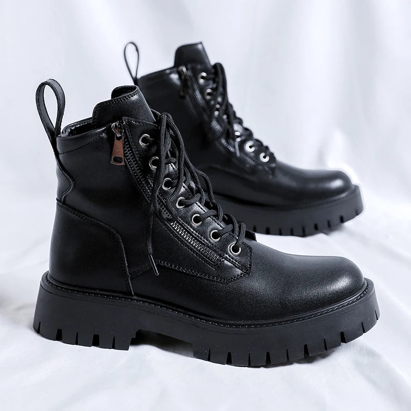 Soufree  -  Autumn Winter Thick Base Cloth Mid-Top Boots Men British Trend Boots High-Top Korean Casual Shoes Motorcycle Boots for Men