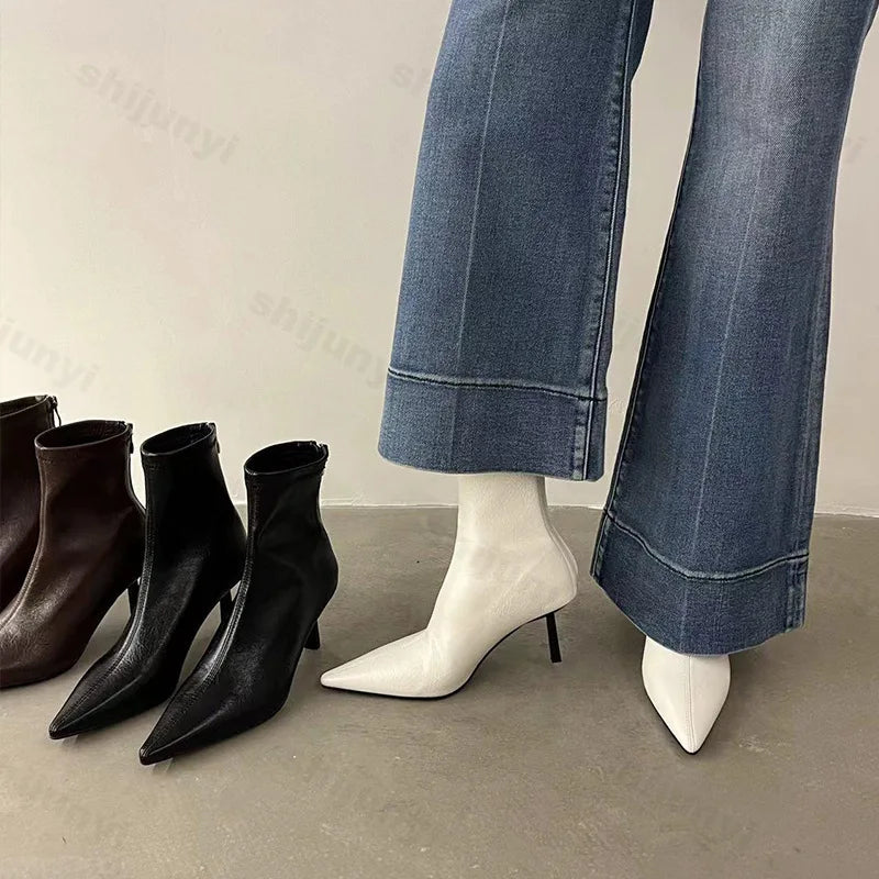 Soufree  -  Women Slim Ankle Boots New Fashion Elegant Pointed Toe Soft Leather Shoes Thin High Heel Autumn Women Morder Short Booties