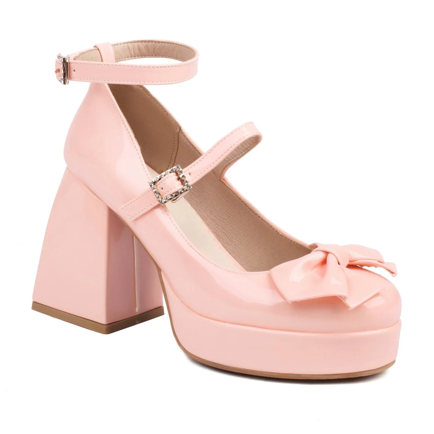 Soufree  -  Size 32-46 Spring Bow Chunky High-heeled Shoes Platform Buckle Mary Jane Women's Shoes Pink Heels