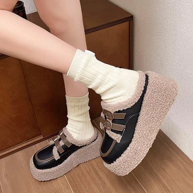 Soufree  -  Cotton Slippers Women Autumn Winter Shoes Platform Wedges Retro Half Mules Slipper Belt Buckle Casual High Heels Slides