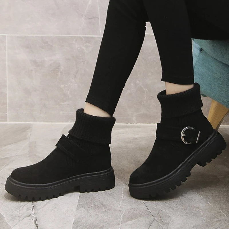 Soufree  -  Fashion Knitting Velvet Ankle Boots for Women Luxury Brand Winter Belt Buckle Height Increasing Platform Boots Zapatos De Mujer