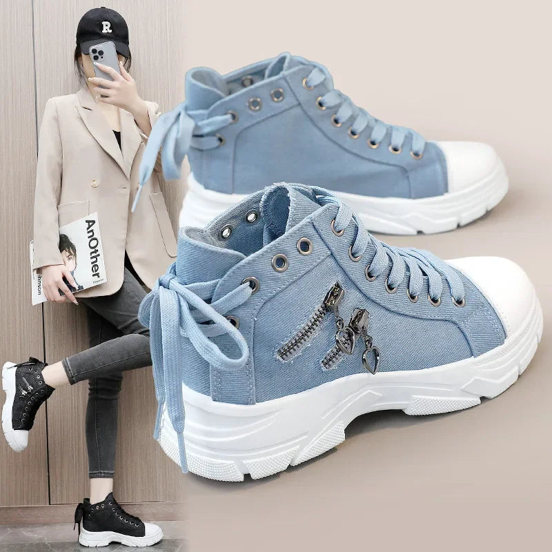 Soufree  -  fall shoes women New Women Plus Sizes Sneakers High Top Female Denim Canvas Shoes Thick Sole  Girls Students Ankle Canvas Boots Lace Up