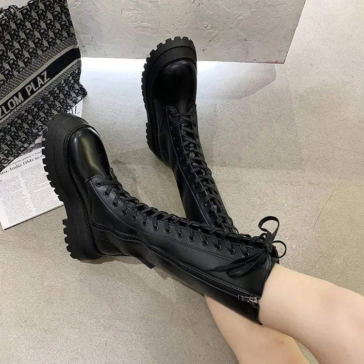 Soufree  -  Women Motorcycle Boots Wedges Flat Shoes Woman High Heel Platform PU Leather Boots Lace Up Women Shoes Black Boots Girls