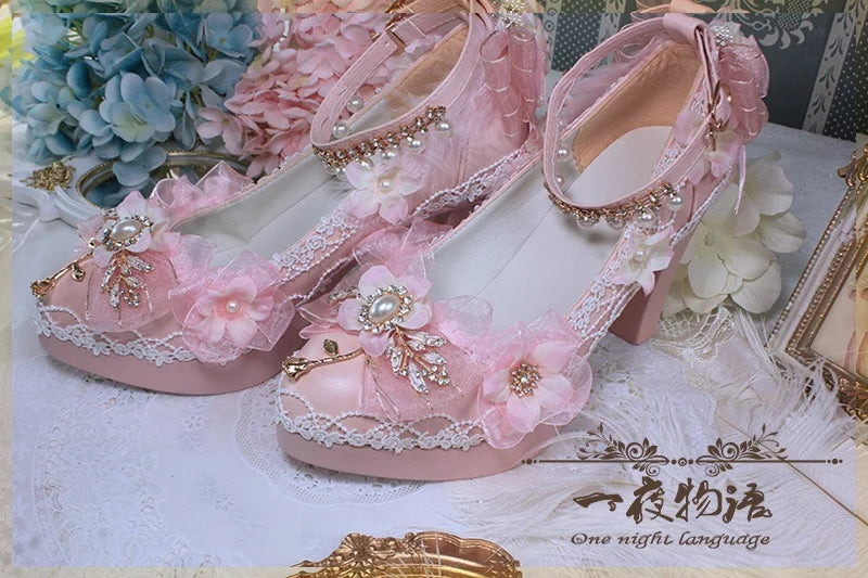 Soufree  -  Flower Wedding Lolita Shoes Handmade Original One Night Story Authentic Tea Party Princess Lo Shoes Customized Lolita High Heels