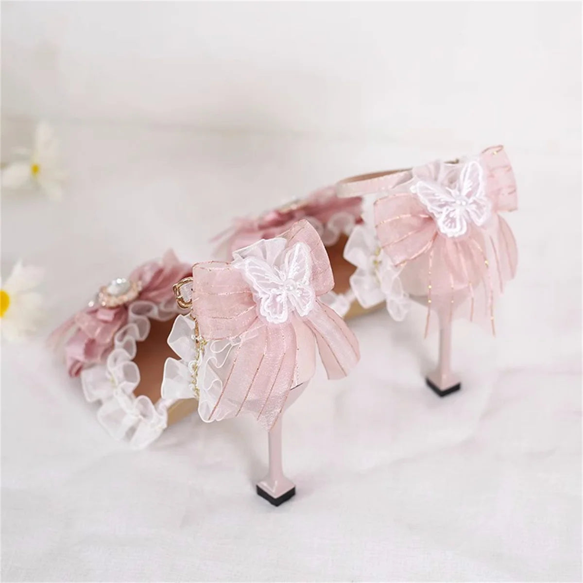 Soufree  -  Victoria Vintage Girl Shoes Elegant Gentle Solid Pointed Sandals Lace Ruffle Cameo Ribbon Bowknot Prom 5-8cm High Heel Shoes