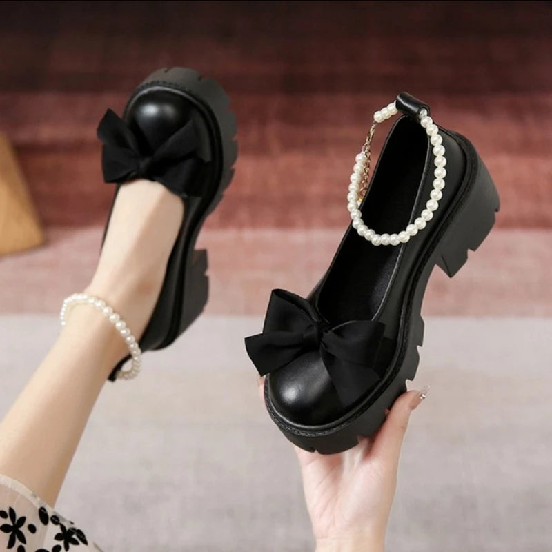 Soufree  -  Summer Band Heel Shoes Female Fashion Mary Jane Shoes Round Head Bow Pearl Square Heel Low-top Pumps Women Shoes Tacones Mujer