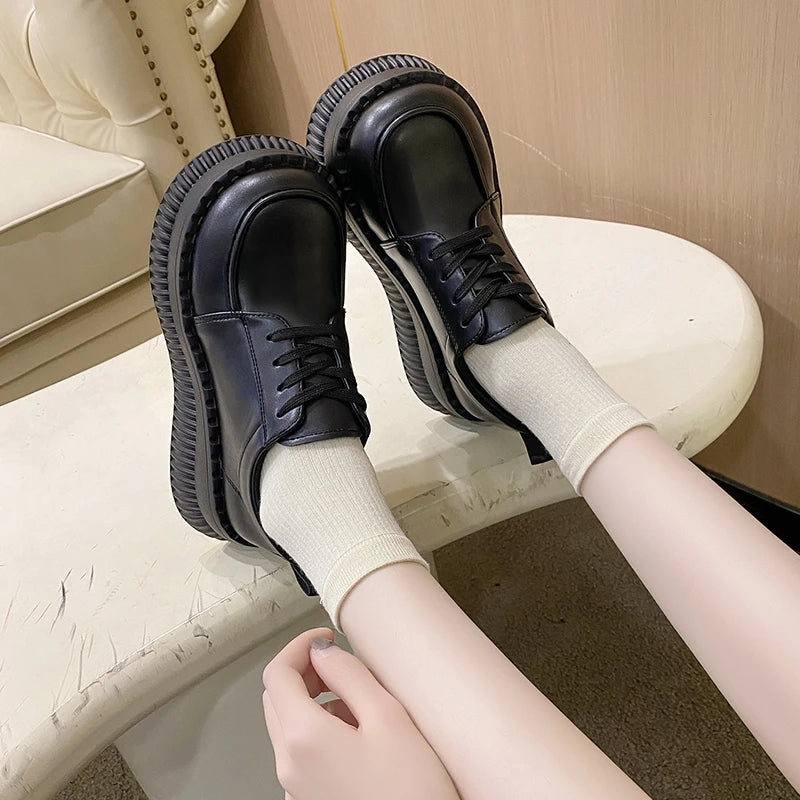 Soufree -  Leisure Sneakers for Women Flats PU Lace Up High Heels Round Toe Women Shoes Flat Platform Vulcanize Shoes Plus Size Zapatos