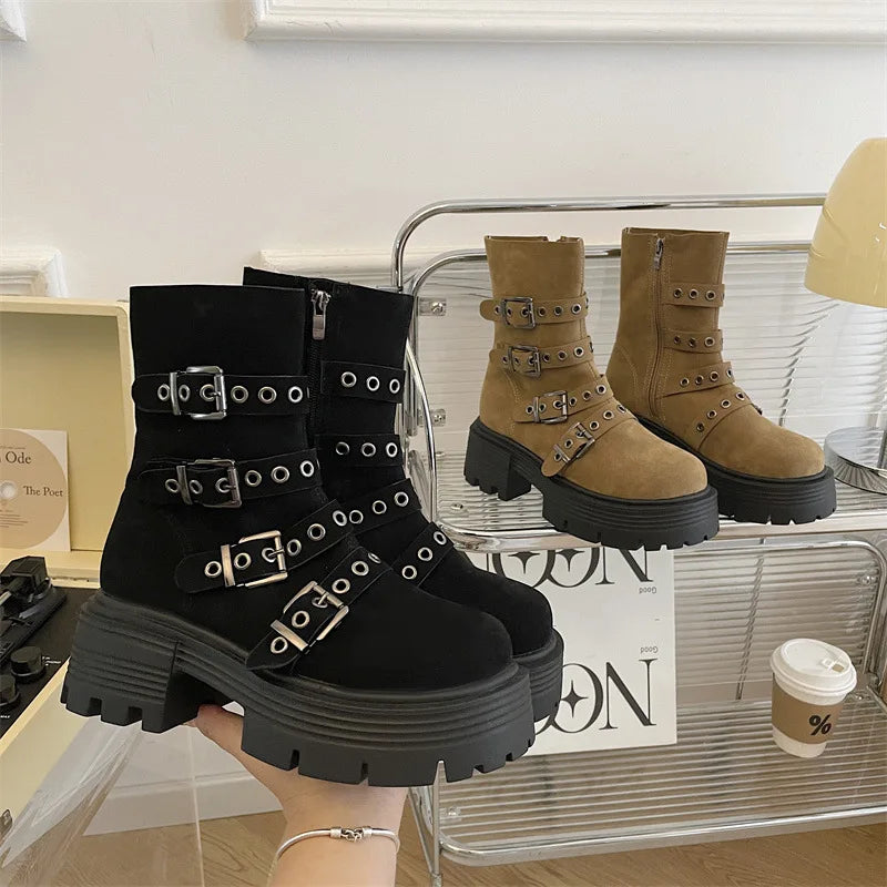 Soufree  -  Chunky High Heels Suede Platform Ankle Boots Women New Winter Fashion Belt Buckle Wedges Shoes Ladies Trend Punk Ankle Boots