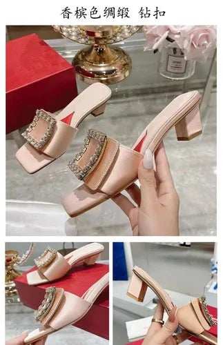 Soufree  -  Square buckle rhinestone fashionable women's shoes new square toe low thick heel open toe elegant sandals for external wear