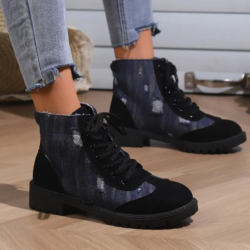 Soufree  -  Women'S Boots Fashion Retro Denim Patchwork Lace Up Flat Bottomed Short Boots Vintage Zapatos Mujer Flat Shoes Ankle Boots