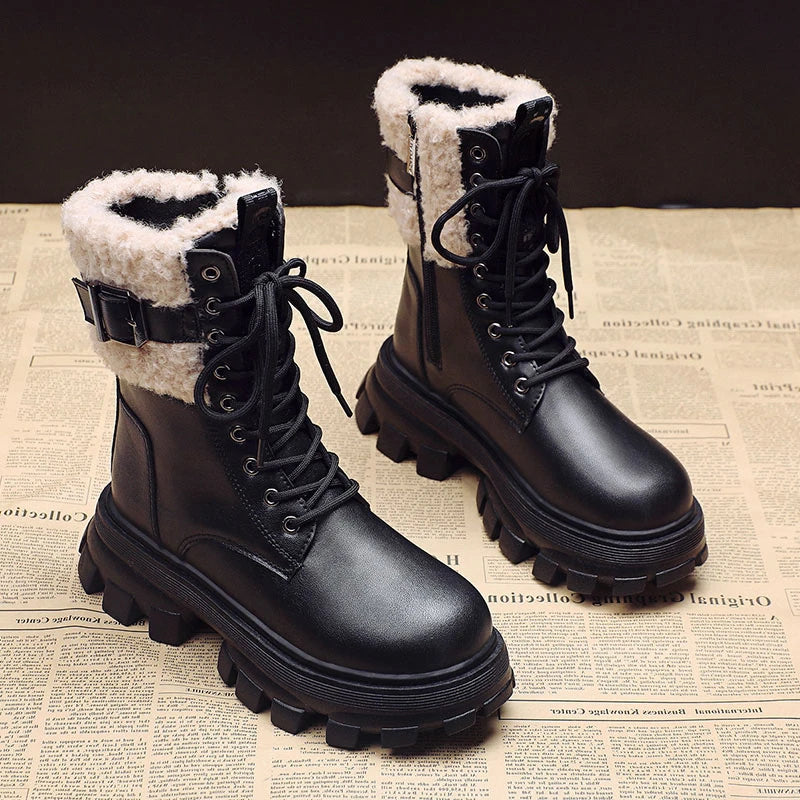 Soufree  -  Plush Cotton Boots Women's Autumn and Winter New Retro Thick Bottom Ankle Boots Muffin Bottom Plush women Boots