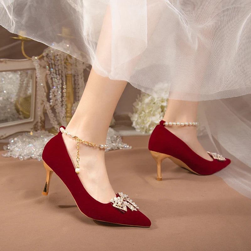 Soufree  -  Red Pearl Bowknot Wedding Party Shoes for Women String Bead Thin Heels Pumps Ladies Ankle Strap Pointed Toe High Heels Shoes