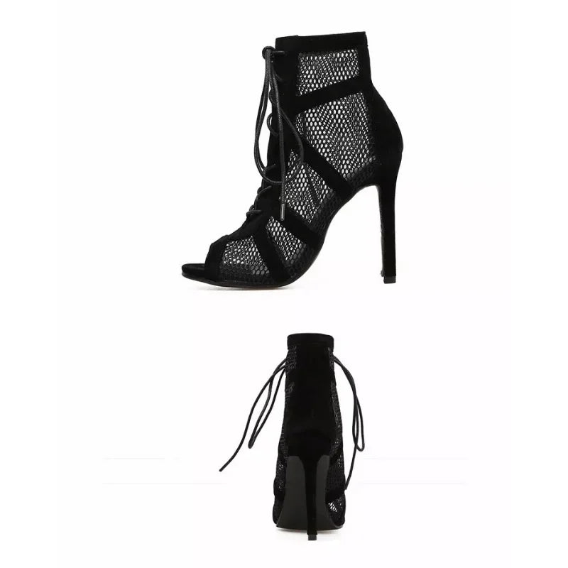 Soufree   -  New Fashion Show Black Net Fabric Cross Strap Sexy High Heel Sandals Woman Shoes Pumps Lace-up Peep Toe Sandals Casual Mesh