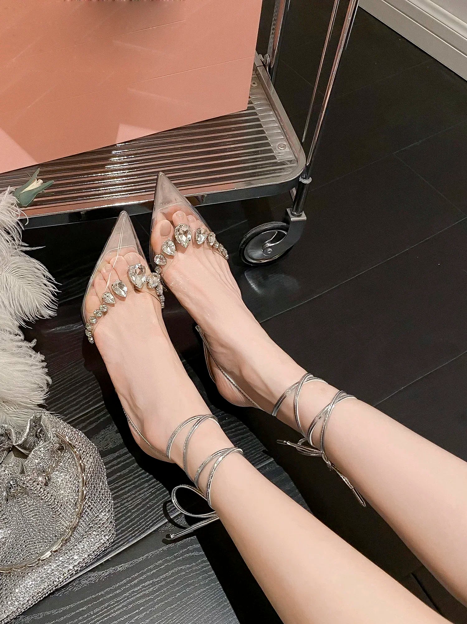 Soufree  -  new niche rhinestone transparent high heels fairy style summer pointed crystal thin heel strap sexy sandals for women