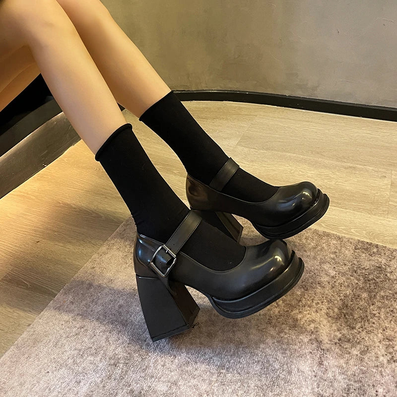 Soufree  -   Mary Jane Shoes Woman Platform Shoes for Women Pumps Ankle Strap Pu Leather Square Toe Goth Thick High Heels Ladies Shoes