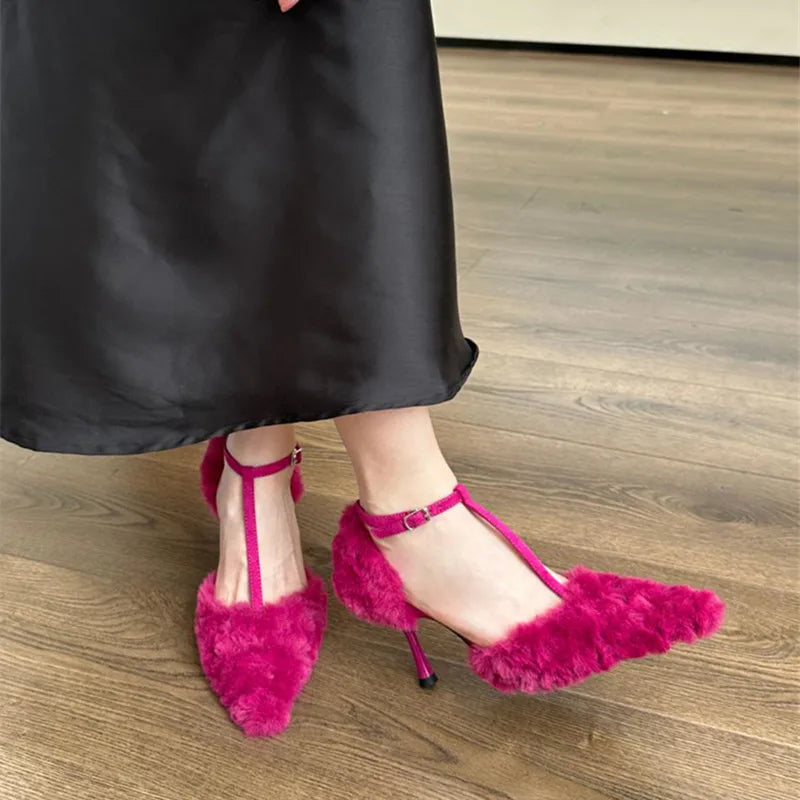 Soufree  -  Luxury Designer Warm Plush Women Pumps Elegant Pointed Toe Heeled Sandals Thin Heels for Women Buckle Strap Hollow Dress Shoes