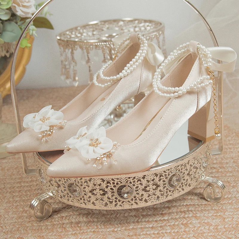 Soufree  -  Elegant Flowers High Heels Pumps Women New Pearl Ankle Strap Wedding Shoes Woman String Bead Small Square Heel Bridal Shoes