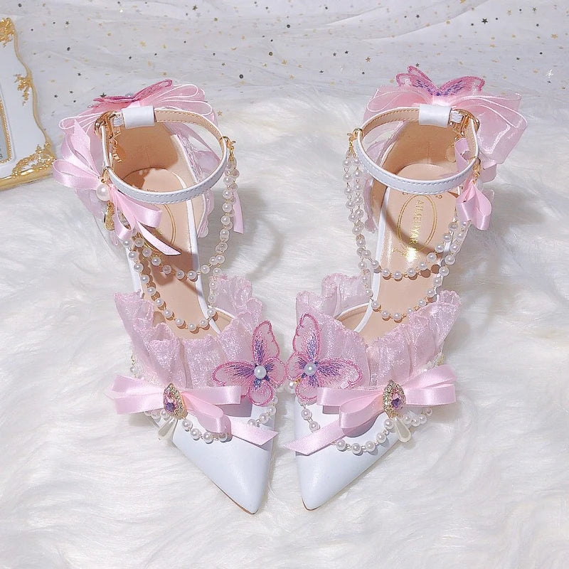 Soufree  -  Lolita Sweet Pink Lace Bowknot Rhinestone High Heels Women Shoes Pointed Pearl Tassel Bridal Wedding Shoes Flower Wedding Shoes