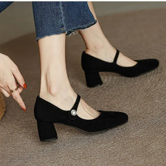 Soufree  -  summer shoes Women's Mary Janes Shoes Vintage Office Dress Shoes Black  Pumps Pearl Buckle Mid Heels