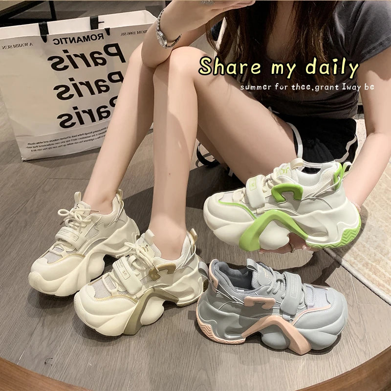 Soufree  -  Chunky Sneakers Flats Lace Up High Heels Round Toe Women Shoes Breathable Mesh Thick Sole Platform Vulcanize Shoes Plus Size