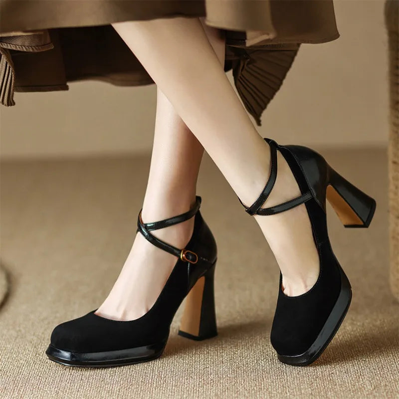 Soufree  -  prom shoes High Mary Jane Shoes for Men Faux Suede Sexy Pumps Ladies Vintage Black Sandals Woman Office Buckle Non-Slip Casual Medium Heels