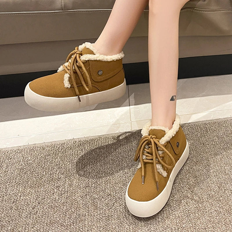 Soufree  -  Platform Snow Boots for Women Winter Casual Cotton Shoes Lace Up Suede Flat Bottom Sneakers Short Plush Ladies Shoes Short Botas