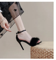 Soufree  -  New Summer One line Buckle Strap Mink Hair Square Head Net Red Sexy Hollow out Fairy Hair High Heel Sandals Girl