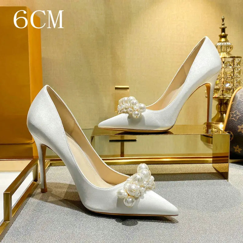 Soufree  - New Satin Wedding Bridesmaid Shoes Champagne High Heels Pearl French Girl Dress Pumps